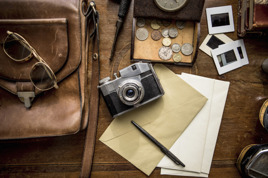 Still life of group of vintage objects on table