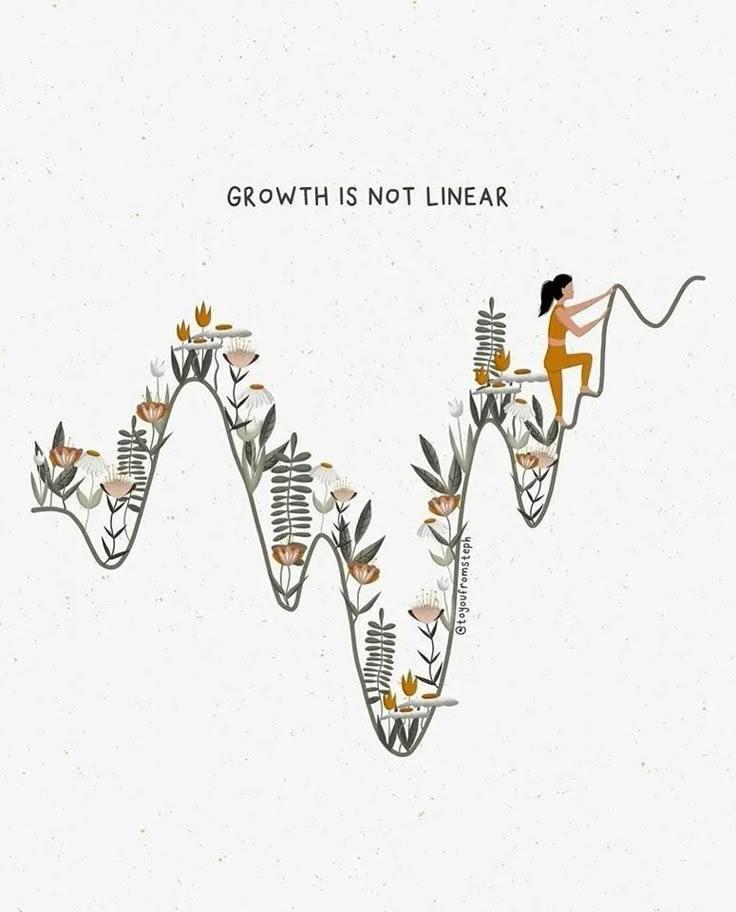 Illustration of a woman climbing an uneven, wavy line filled with flowers and plants, with "Growth is not linear" above her. The image captures the ups and downs of personal growth and moments of self-doubt—reminding us we're still becoming.